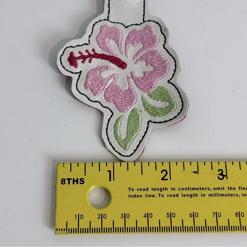Pink Hibiscus Flower Embroidered Snap Tab Key Fob